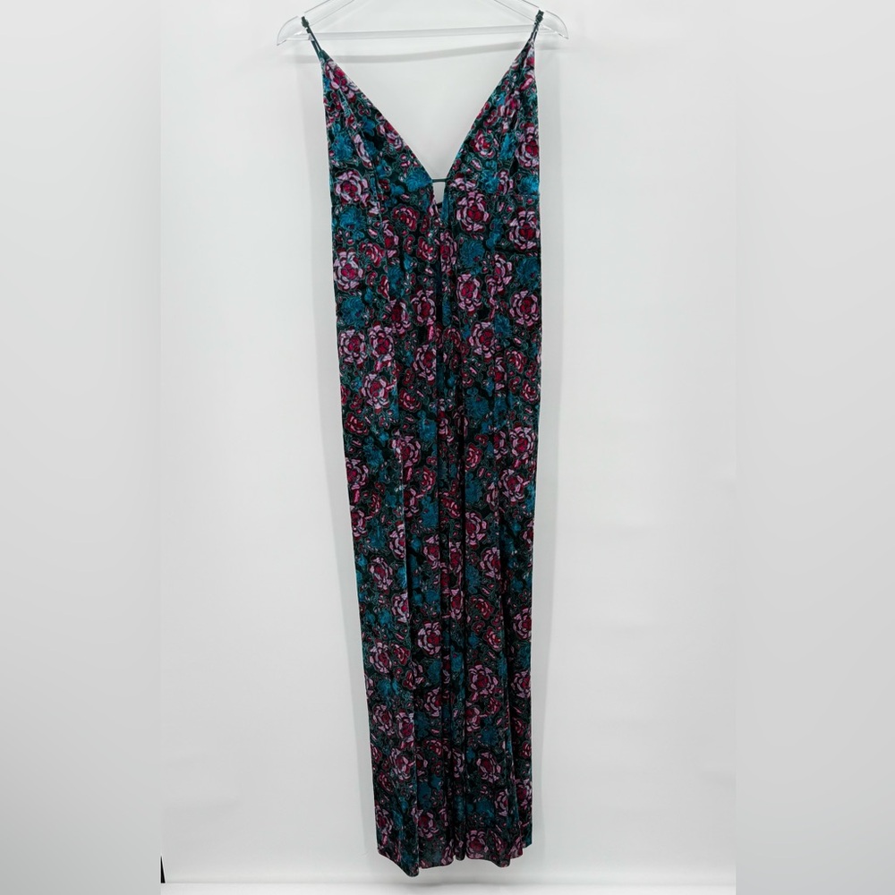 Free People Volcano Super Wide Leg Velvet Floral Jumpsuit Green Pink Size Large - Picture 3 of 15